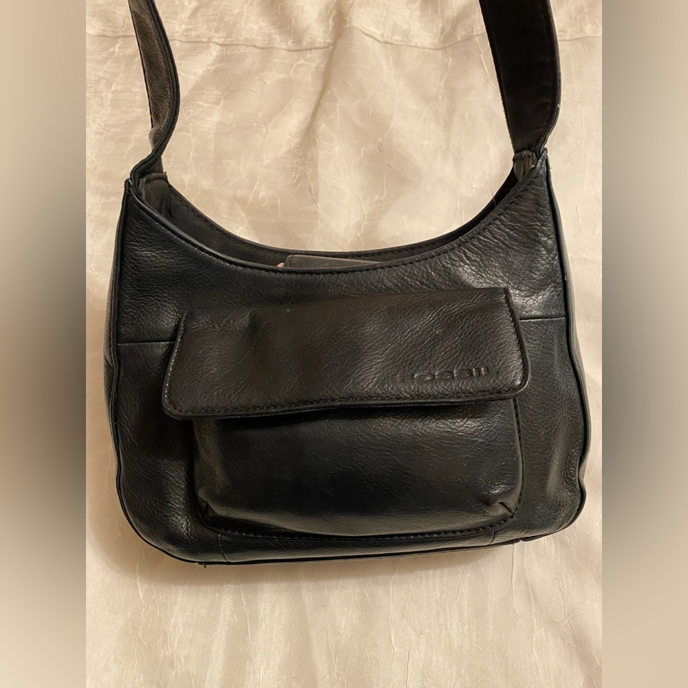 Vintage Fossil Black Leather Organizer Shoulder Handbag